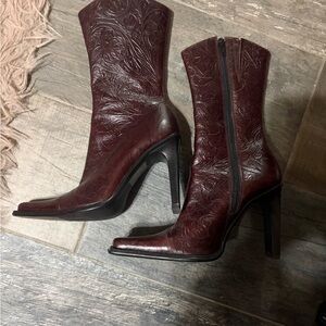 RARE Vintage Burgundy Embossed Leather Boots